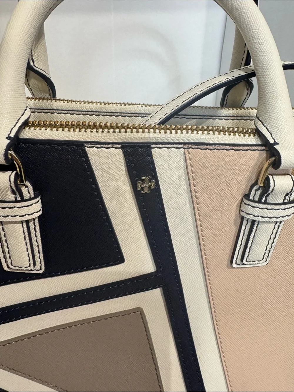 Tory Burch Geometric Colorblock Leather Satchel in White, Black & Blush